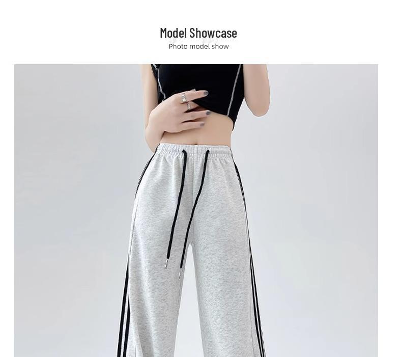 2025 Petite High-Waisted White & Gray Striped Wide-Leg Sweatpants - Autumn/Winter