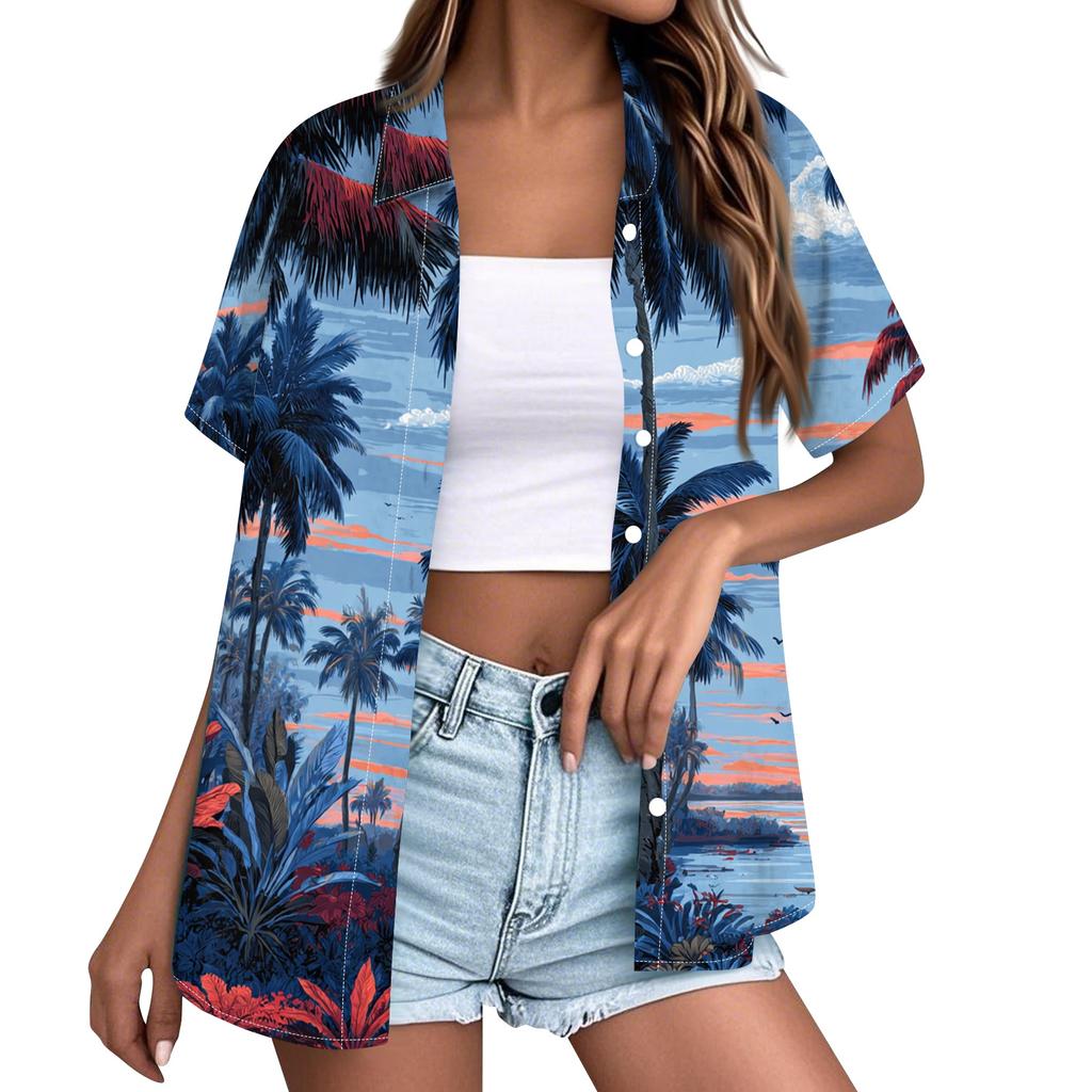 Damen Hawaii-Print Kurzarm Hemd mit Knöpfen, Lässiges Sommer Top