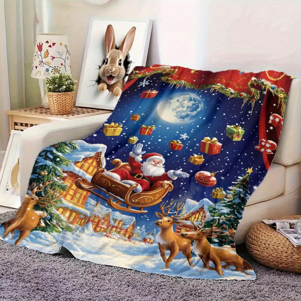 Flanelowy koc świąteczny 280 gsm - Miękki sezonowy pled ze Świętym Mikołajem, reniferami i płatkami śniegu - Wielofunkcyjny przytulny koc do drzemki na łóżko,