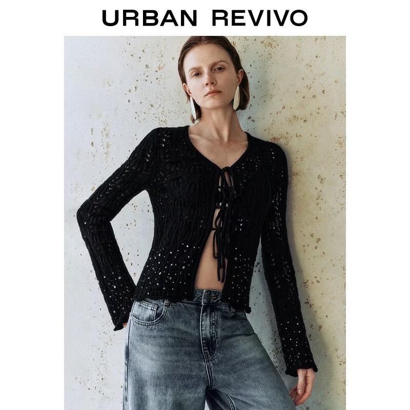 UR2026 Women's Rivet Lace-Up Hollow Knit Cardigan