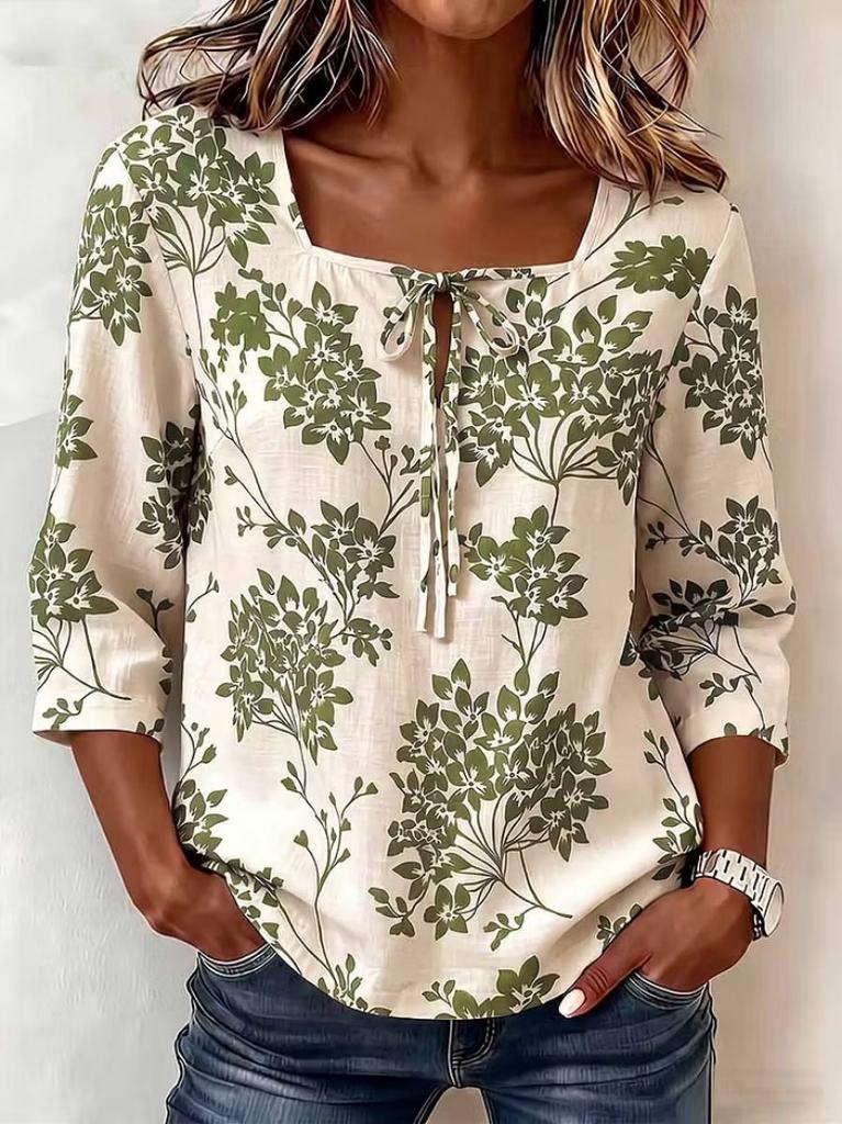 Womens Retro Floral Print Square Neck 3 Quarter Sleeve Casual Loose Top