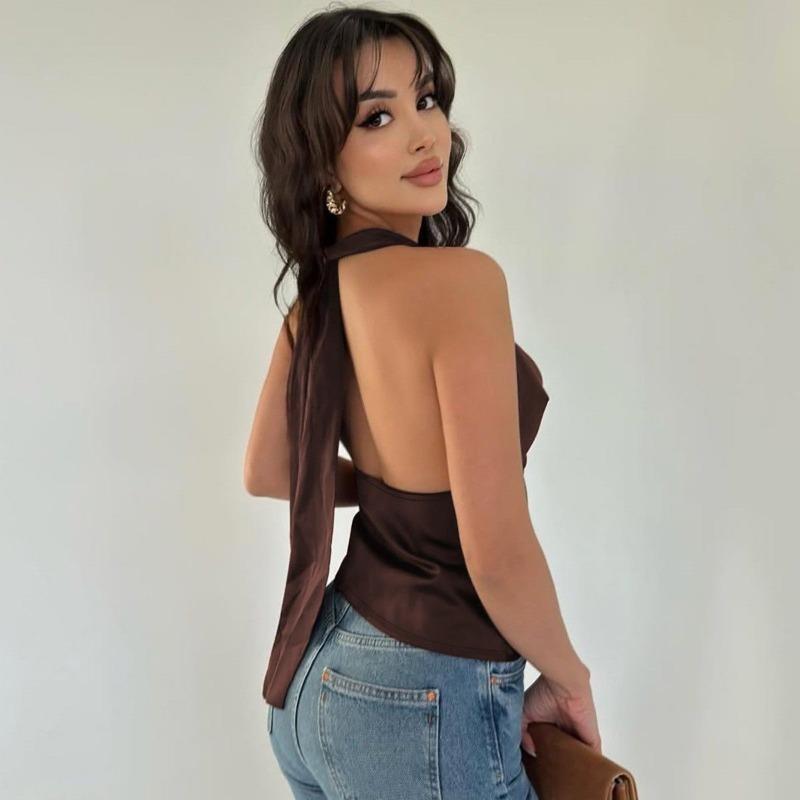 Top de satén para mujer con cuello halter, escote drapeado, sin mangas, elegante, para fiesta, casual