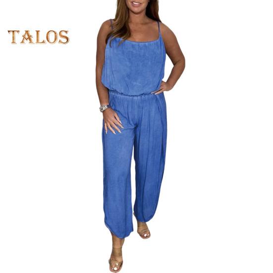

Женский комбинезон-комбинезон с широкими штанинами, без спинки, без рукавов, без воротника, с эластичной талией, повседневный свободный наряд для весны и лета M синий