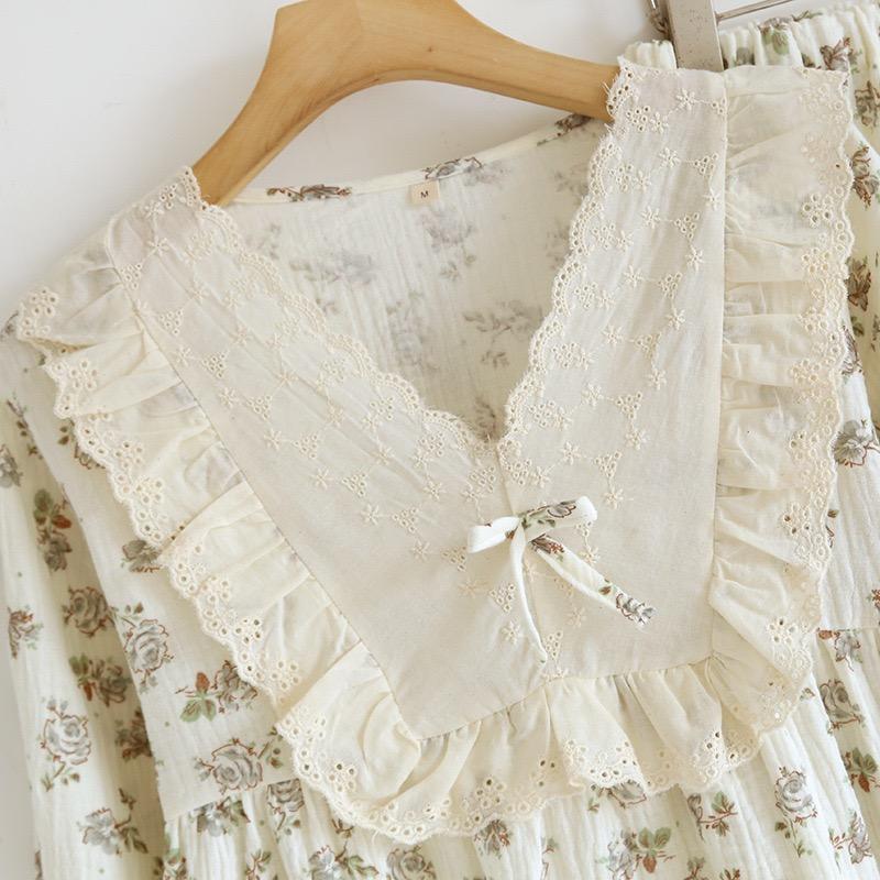 Autumn and Winter Women Pajamas Long-Sleeved Trousers 2-Piece Set 100% Cotton Flower Print Homewear Ladies Pajamas