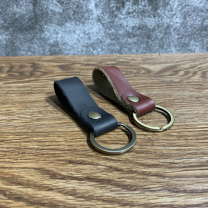 Vintage Crazy Horse Leather Keychain - Unisex Bronze Key Ring for Gifts