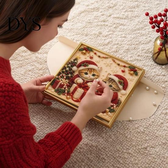 Creative Indoor Pastimes Xmas Cat Faux Pearl Painting Kit, Festive Art DIY Christmas Gift for Enthusiasts Cute Kitty 3D Bead Craft Kit Adults