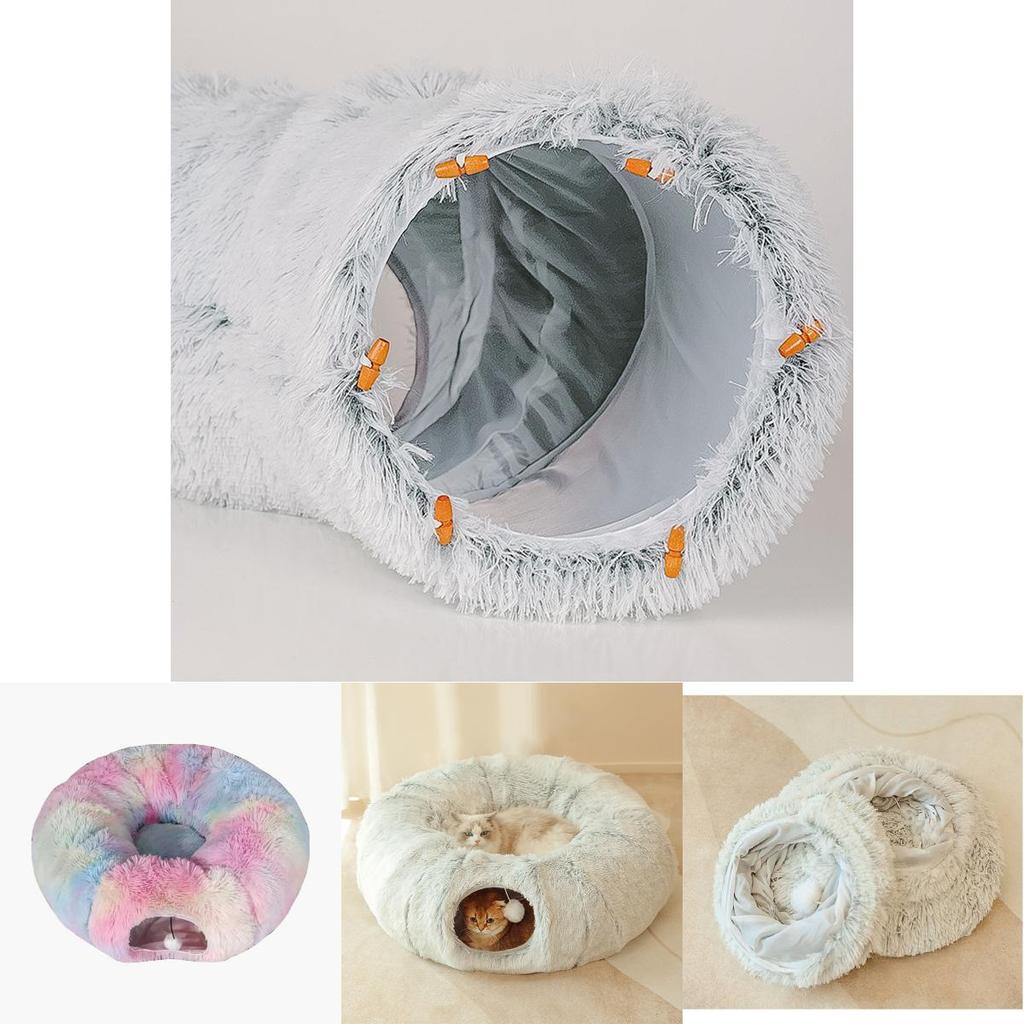 Stylish Winter Cat Bed Tunnel With Warm Long Plush Fabric Features Foldable Design Great For Cats And Dogs