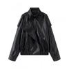 Womens Retro Streetwear PU Leather Jacket Loose Fit Stand Collar Long Sleeve Outerwear