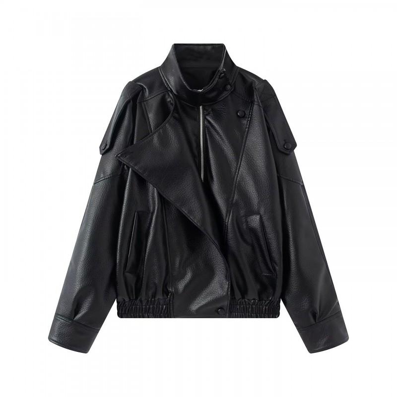 Womens Retro Streetwear PU Leather Jacket Loose Fit Stand Collar Long Sleeve Outerwear