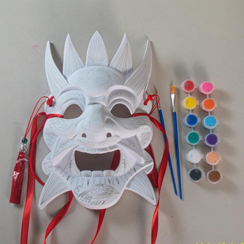 Blank Nuo Operas Mask with Pigment Drawing Brush Photo Ribbon Set DIY Unpainted Masquerade Mask Set Blank Paintable Mask