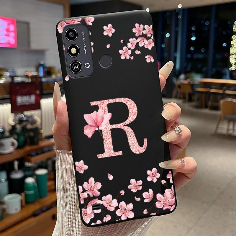 Black Case For ZTE Blade A53/A53+/Blade A53 Pro Flower Printing Initial Letters Phone Casing Soft Silicone Protective Back Cover