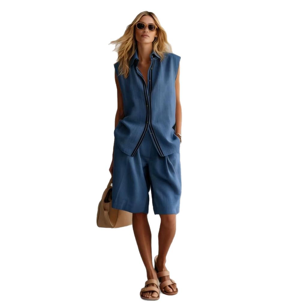 Summer New Style Fashionable Casual Two-piece Women's Single-button Sleeveless Shirt Set