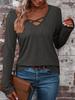 Dámský bavlněný top s dlouhým rukávem a výstřihem do V - Jednobarevný, ležérní a jednoduchý styl