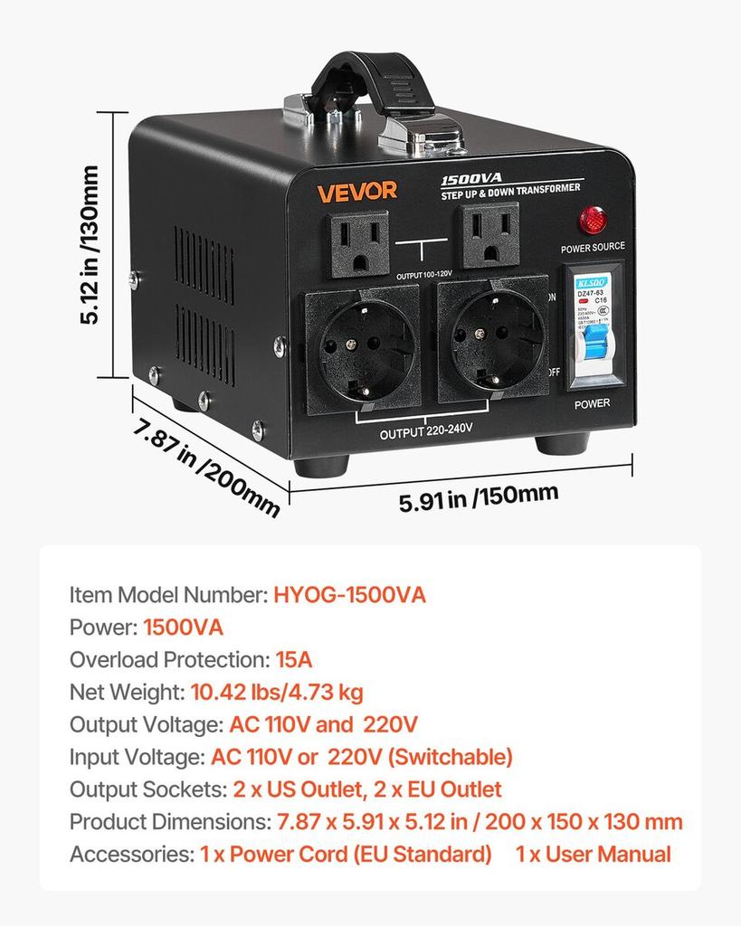 Voltage Converter Transformer, 1500VA, Heavy Duty Step Up/Down Power Transformer, Convert from 110V To 220V and 220V To 110V, with US Outlets, EU