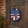 Spring Flower Wreath Welcome Sign, Independence Day Patriotic Hanging Plaque, Round Wooden Door Hanger Decoration for Indoor Outdoor