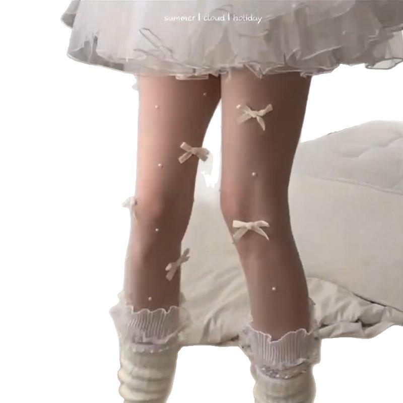 Spring And Autumn Thin White Stockings Children'S Japanese Ballet Style White Bow Pearl Pantyhose Pure Versatile Black Silk