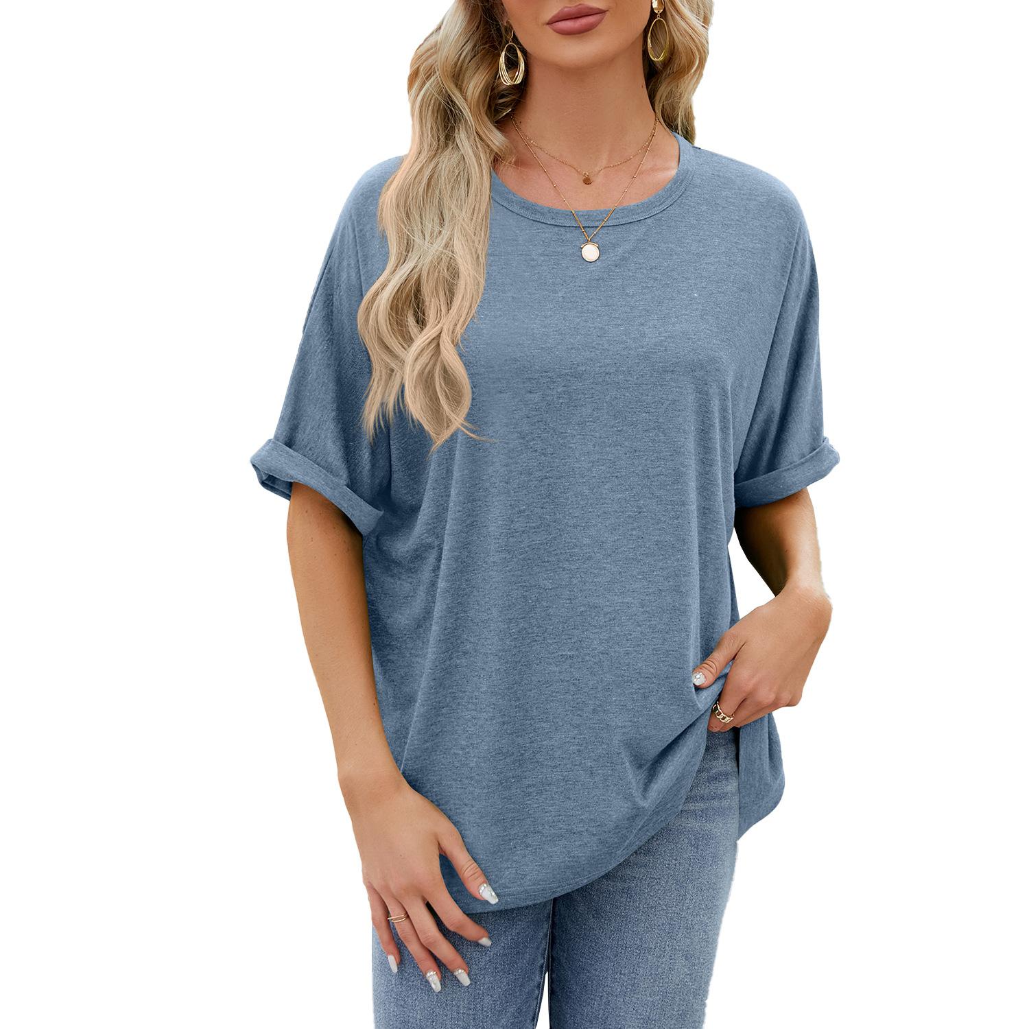 Sommer Neue frauen T-shirt Einfarbig Rundhals Lose Kurzen ärmeln T-shirt Tops XXL blau/grau