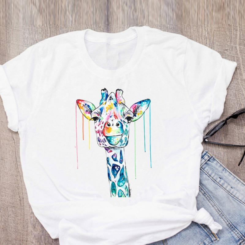 Women's Short-sleeved T-shirt Giraffe Print Base Harajuku  Tops  Aesthetic Clothes  Graphic T Shirts Summer polyester fiber