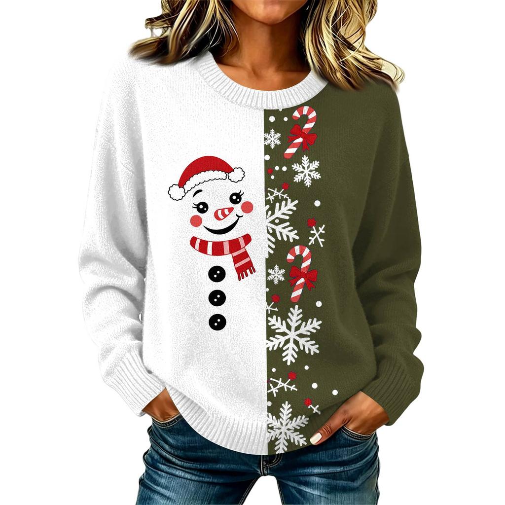 Women's Christmas Print Knit Pullover Sweater Long Sleeve Neck Casual Holiday Top