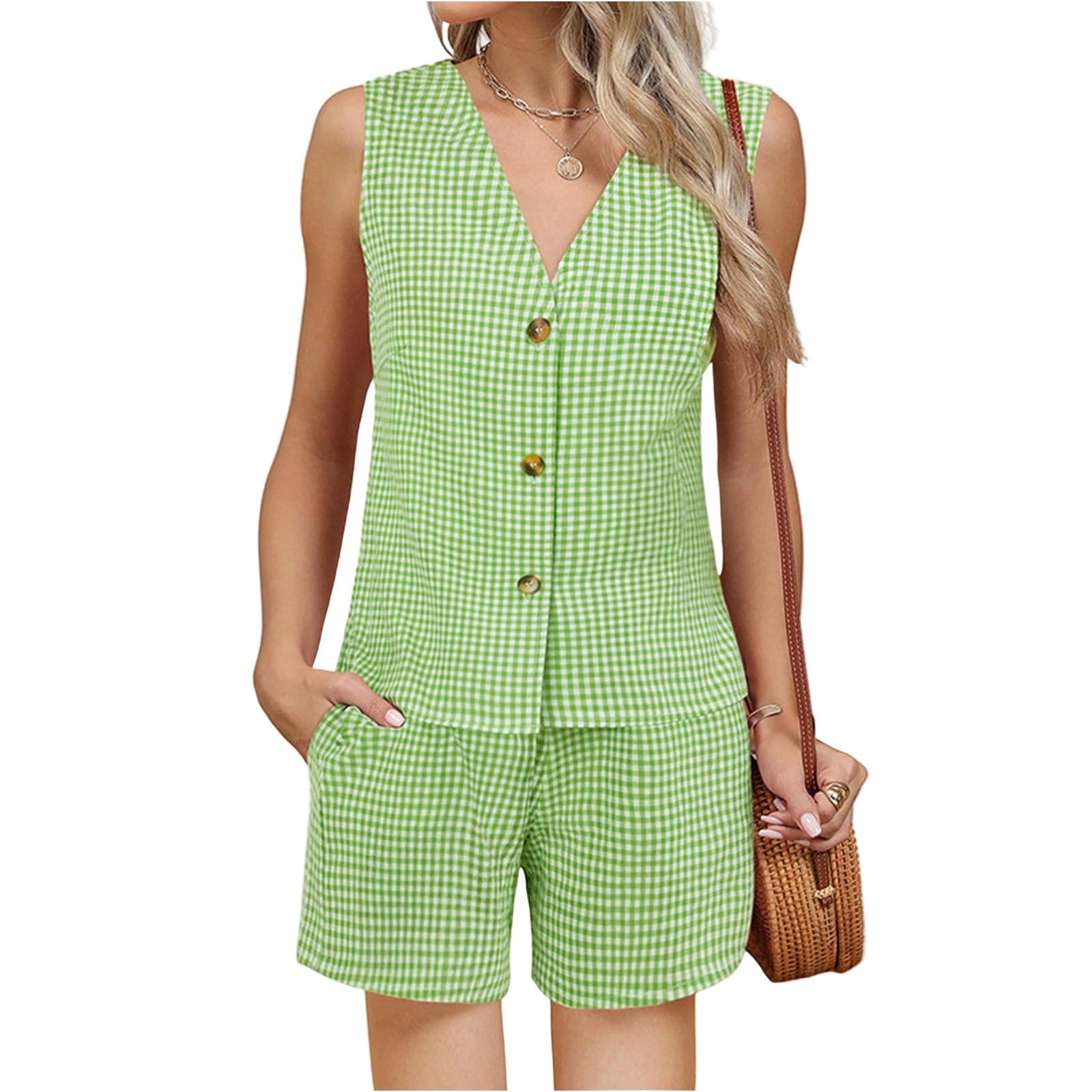 Women s Loose Casual  V-Neck Sleeveless Shorts Set V-Neck Sleeveless Shorts Set Set L