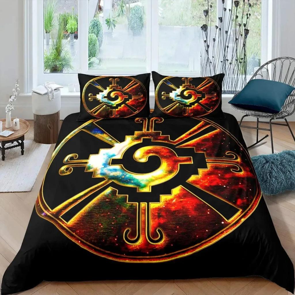 Neon Mandala Duvet Cover Set Full Queen Boho Hippie Bedding Set Ancient Mayan Calendar 3D Print Abstract Comforter Cover