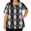 Women's Plaid Print V-Neck and Caregiver Top with Double Pockets and Split Hem Short Sleeves