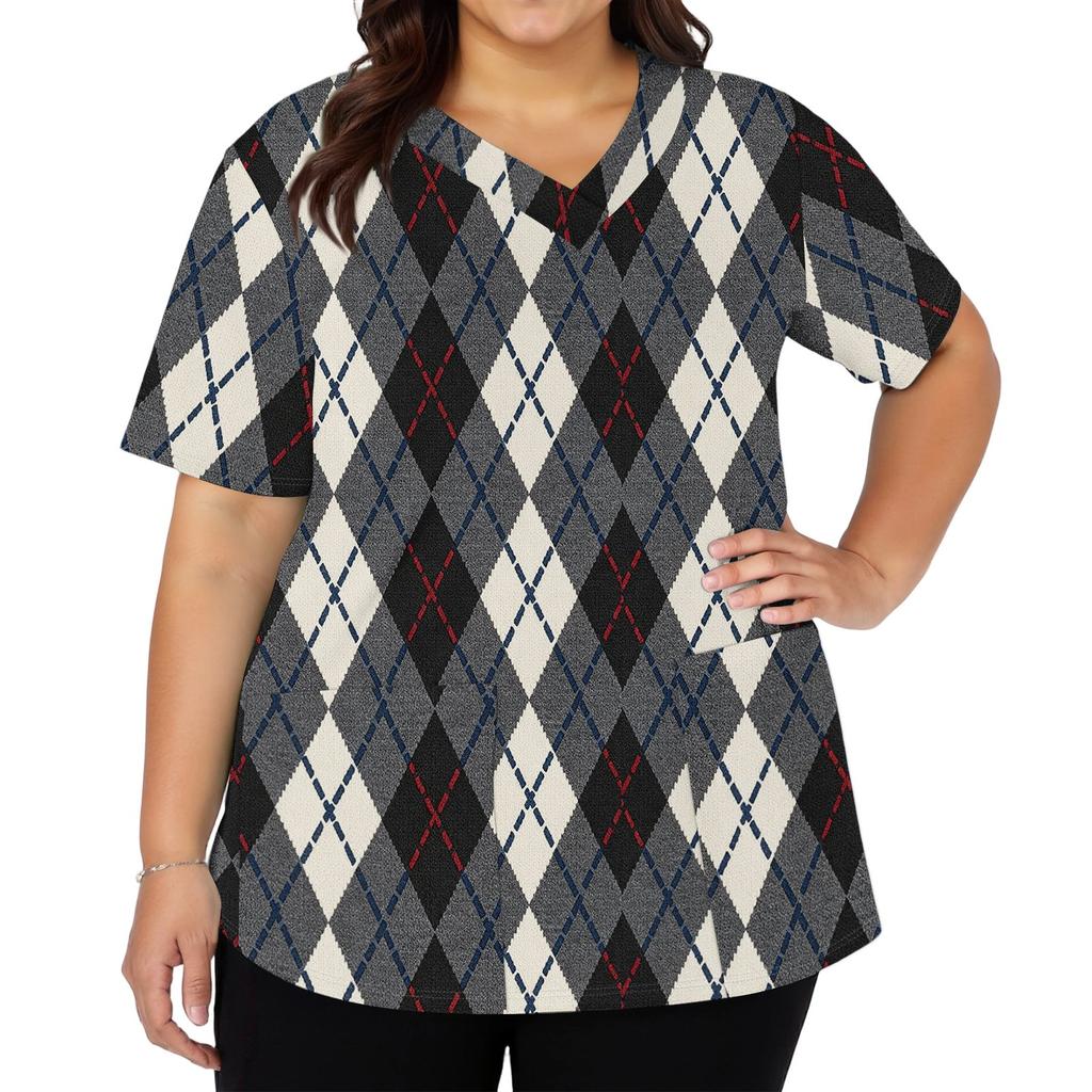 Women's Plaid Print V-Neck and Caregiver Top with Double Pockets and Split Hem Short Sleeves