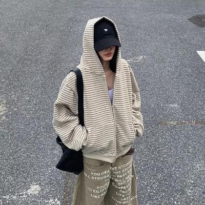 Unisex American Retro Patchwork Striped Zip-Up Hooded Cardigan 2025