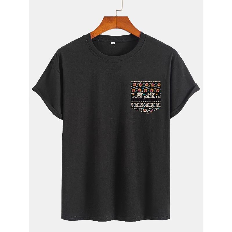 Men's Solid Color Short Sleeve T-Shirt, Ethnic Style Pocketed Tee with Random Print on Pockets, Round Neck Short Sleeve Shirt