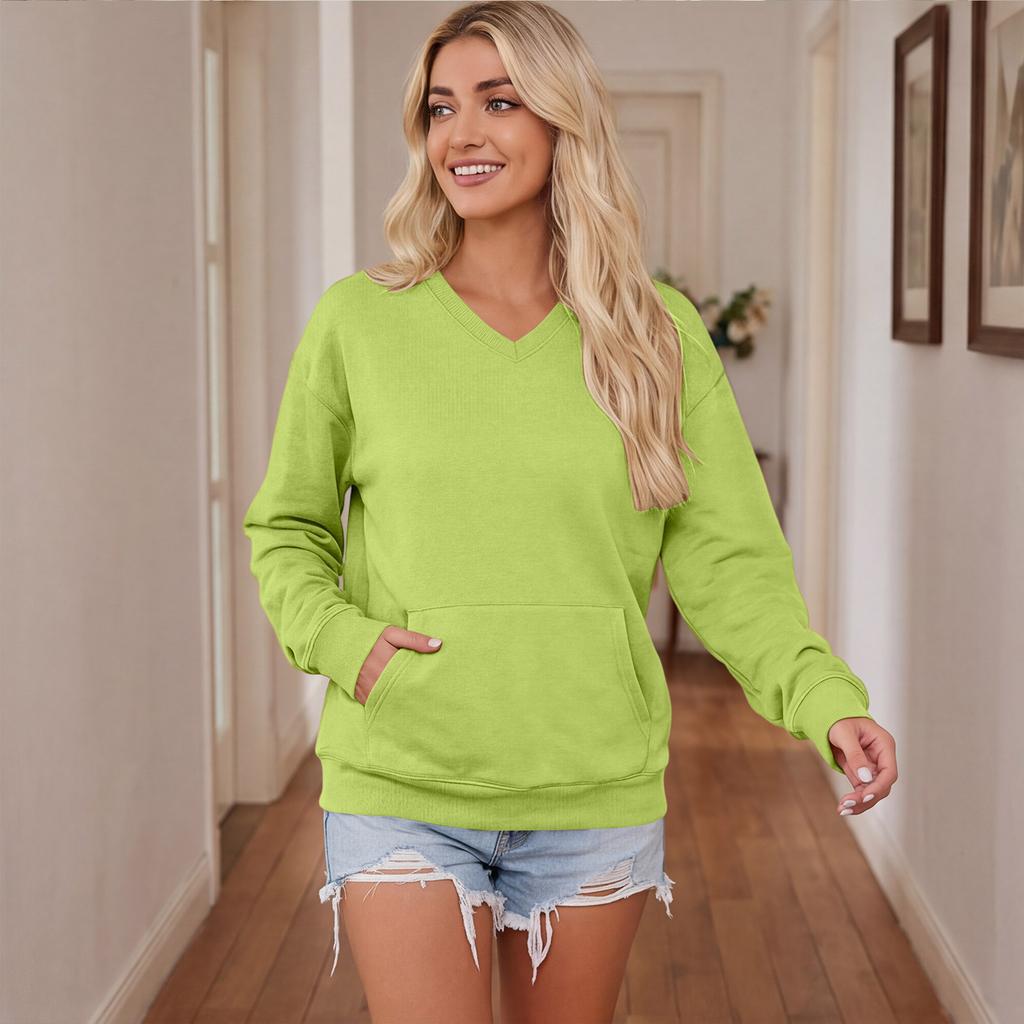 Women's V-Neck Long Sleeve Pullover Sweatshirt with Pocket, Color, Loose Fit for Casual Daily Wear