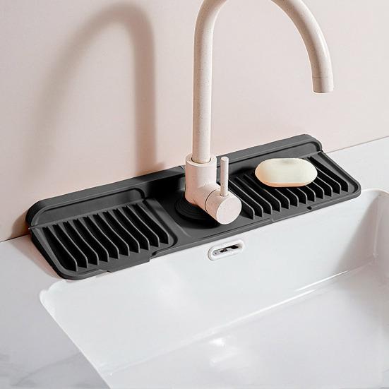Kitchen Sink Faucet Mat Foldable Silicone Sink Splash Guard 6 Degrees Slope Bathroom Kitchen Countertop Water Draining Mat with Button