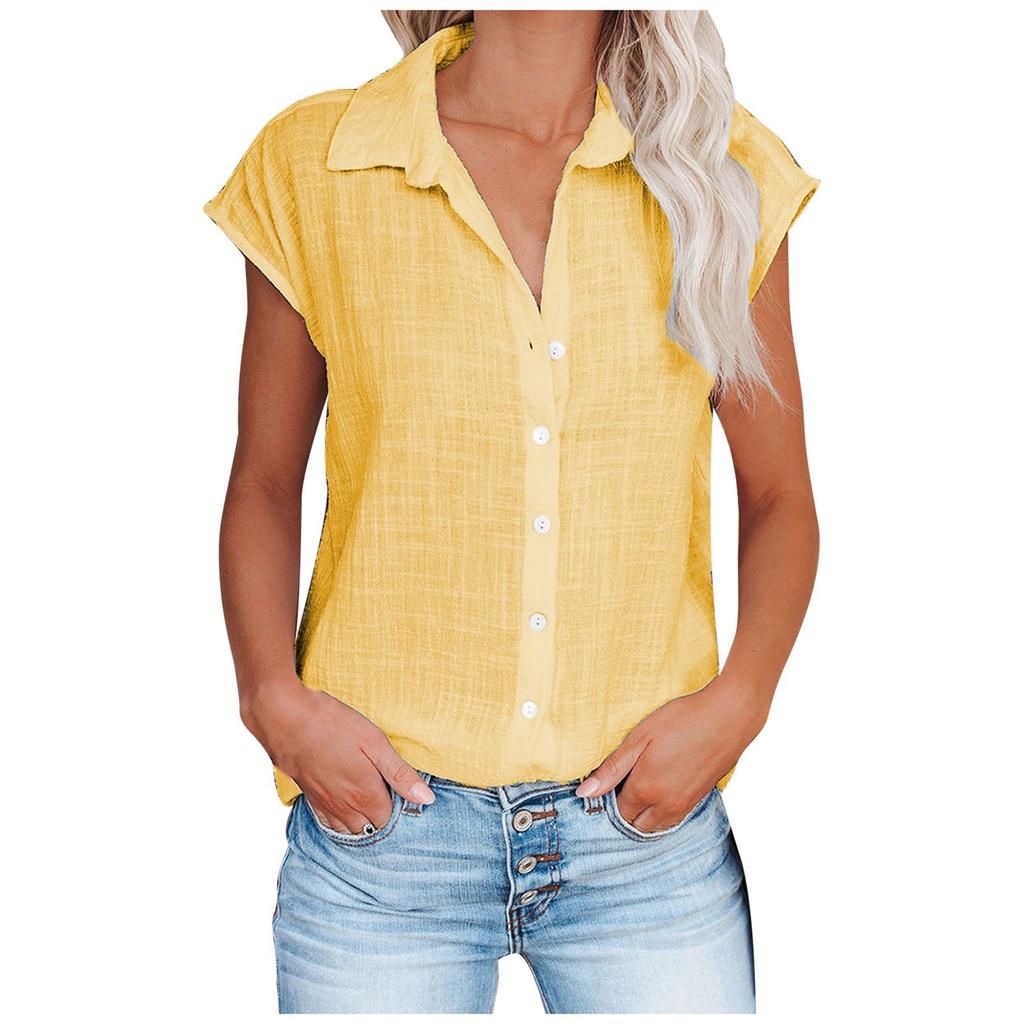 Women's Casual Fashion Short Sleeve Solid Color Single Breasted Shirt Top