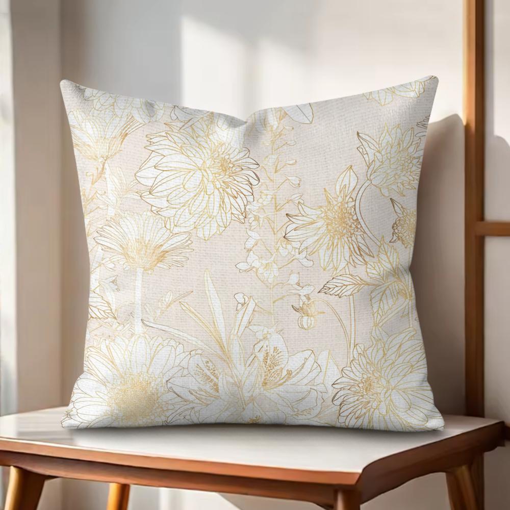 Golden Flower Cushion Cover Natural Linen Organic Fabric DoubleSided Printing Couch Pillow Covers Home Decor Gift