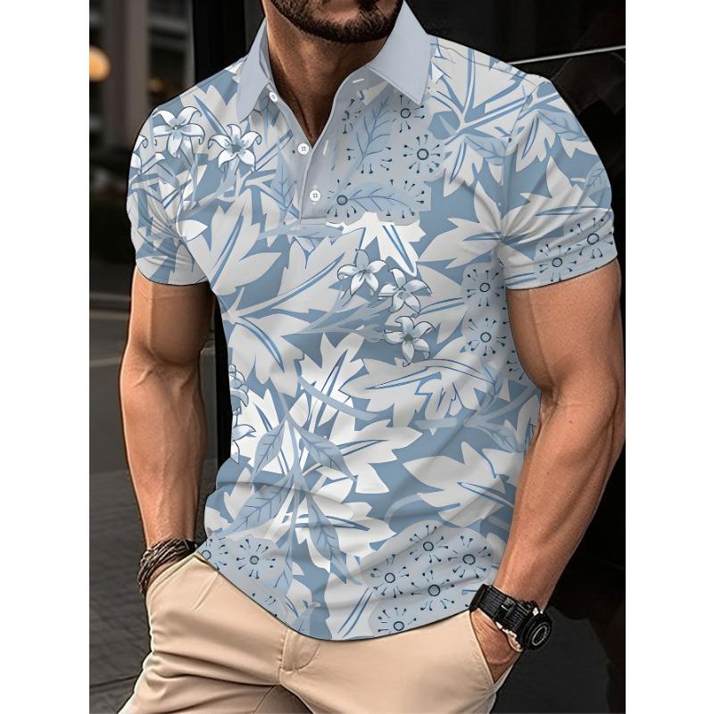 Men's Short Sleeve Polo Shirt Blue and White Floral Style Pattern Fashionable Casual Men's T-shirt Top