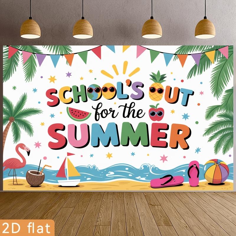 2D Flat Surface Tropical Summer Palm Tree "Holiday Begins" Background Fabric Suitable for Party Decoration Polyester Fiber