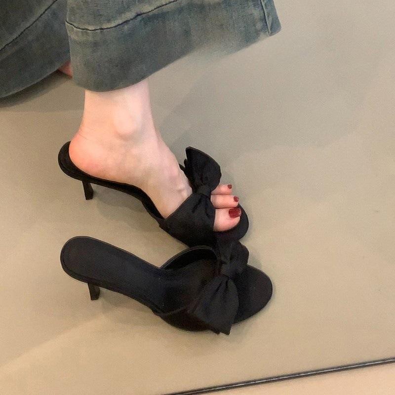 Beautiful satin square head open-toed sandals women's new sexy stiletto back empty high heels