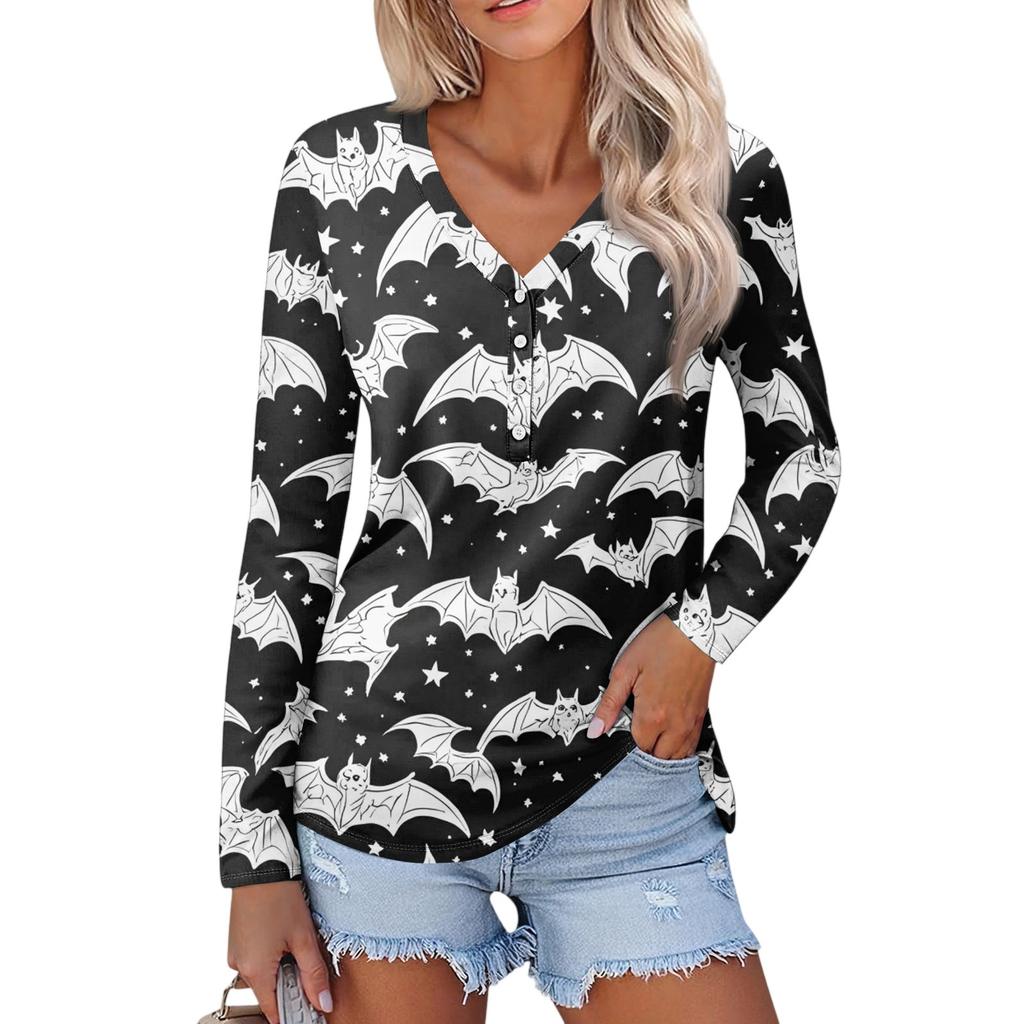 Women's Casual Fashion Sexy Comfort Halloween Printed V-Neck Button Long Sleeve