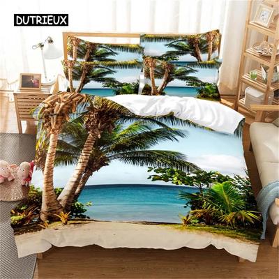 Beach Coconut 3D Tree Duvet Cover Ocean Beach Plants Bedding Set  Comforter Cover Set For Boy Girls Bedroom Decor Bedding Sets
