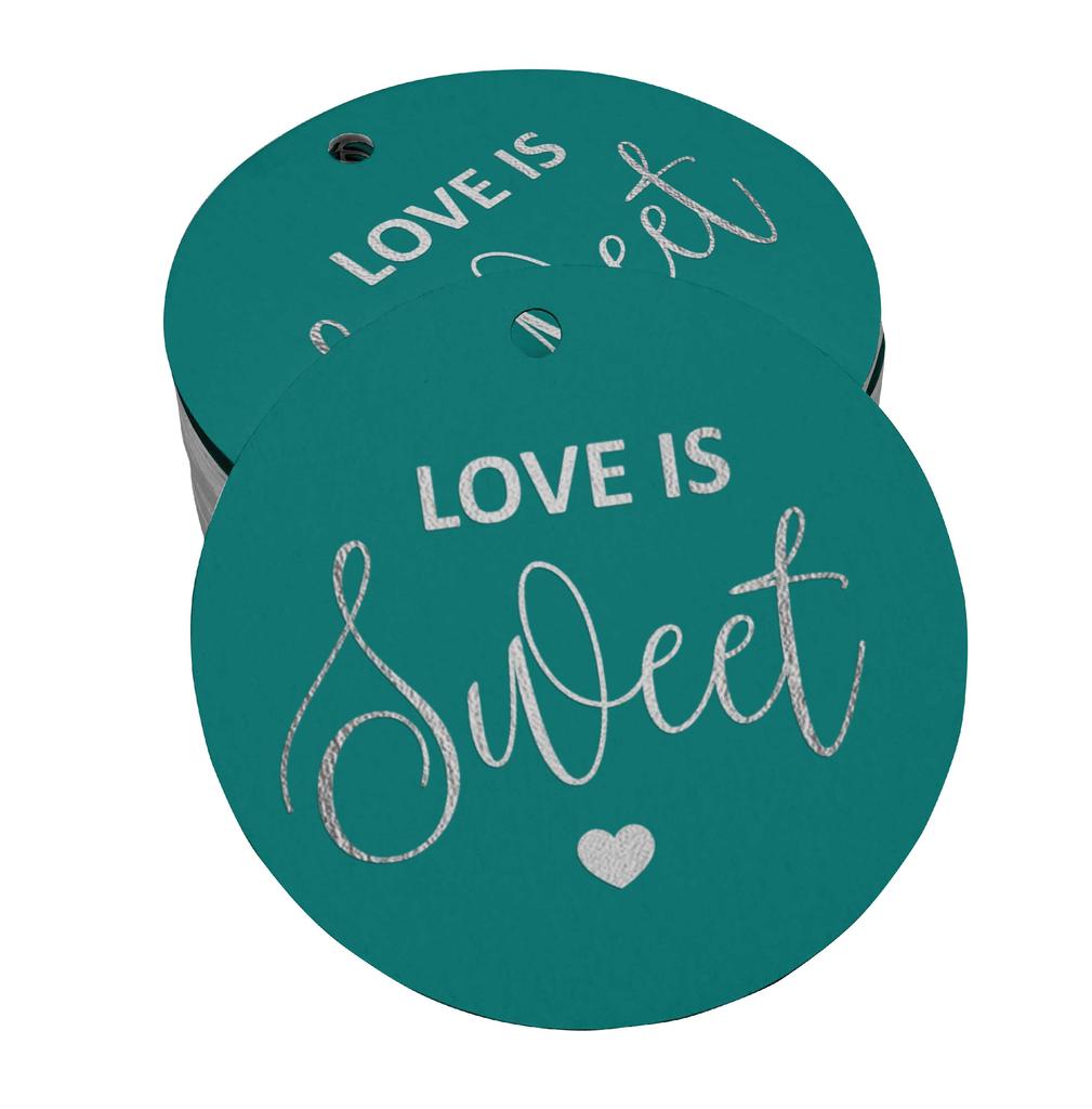 Inkdotpot 100 - Confezione da 100 etichette in carta stagnola color oro vero Love Is Sweet bomboniera da appendere