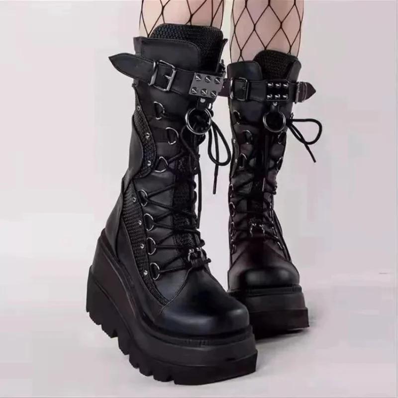 Design Ladies High Platform Boots Big Size Rivet Goth High Heels Boots Women Cosplay Wedges Punk Shoes Woman Gothic Shoes
