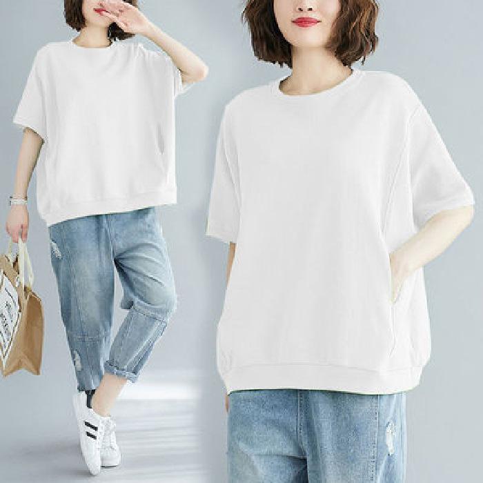 Large Size Belly-covering Fat Girl T-shirt Loose and Slimming Age-reducing Solid Color Versatile Half-sleeved Top In Summer
