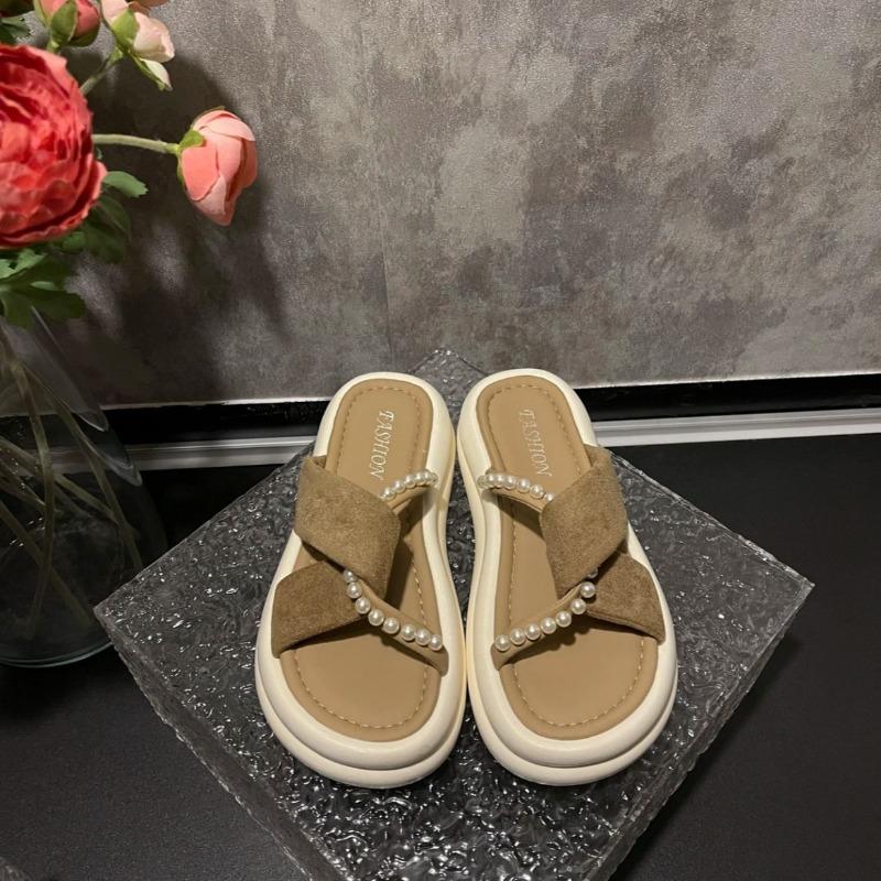 

Pearl fashion cool slippers women s summer new outer wear fashion versatile one-word sandals 40 хаки