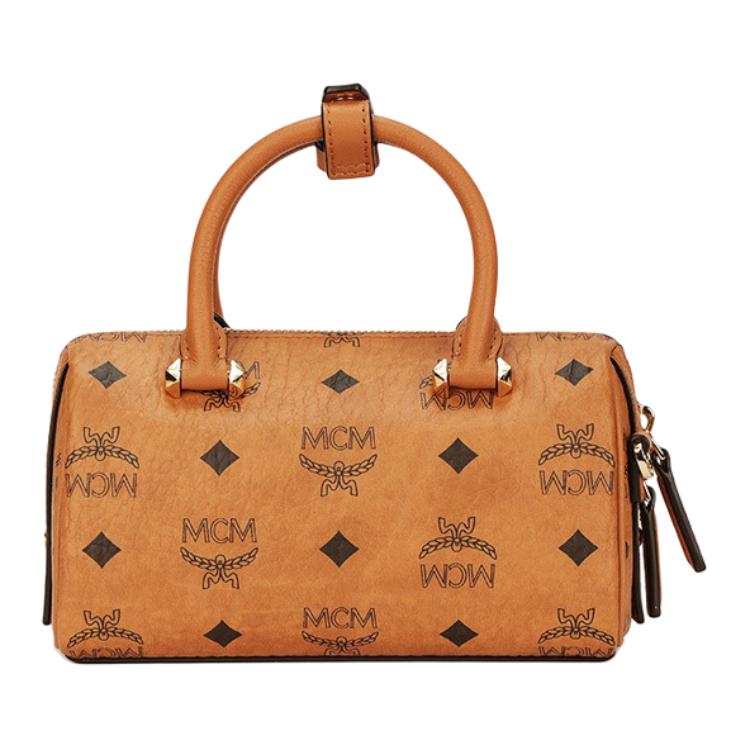 MCM Visetos Cognac Leather Mini Boston Crossbody Bag with Gold Hardware for Daily Use