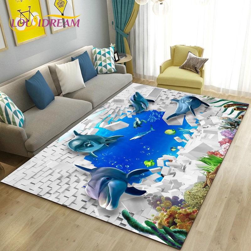 3D-Illusion Unterwasserwelt Meeresboden Delfin Hai Teppich, Teppich für Wohnzimmer Schlafzimmer Sofa Fußmatte Rutschfeste Bodenmatte