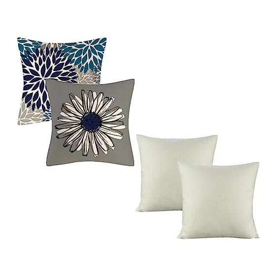 BetterJonny Cushion Cover Scandinavian 45x45cm Blue 4 Pieces Linen Floral Pattern Sofa Interior Decoration Back Cushion Cover Sat Futon Cover