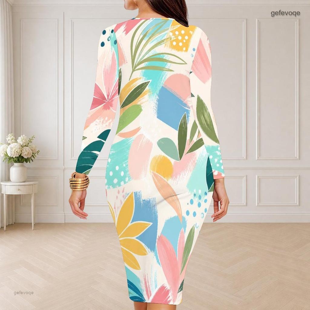 Women Plus Size Round Neck Long Sleeve Colorful Printed Bodycon Midi Dress