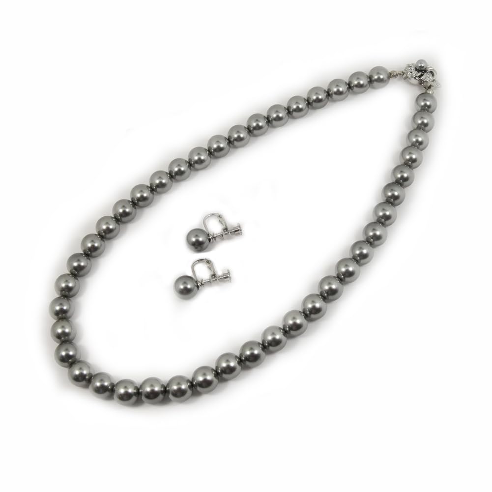 

[Your and My Jewelry Box] Made in Japan High-Quality Domestic Shell Pearl 9mm Formal Set, Gray-Black (Necklace and Earring Set) [Gift Wrapped]