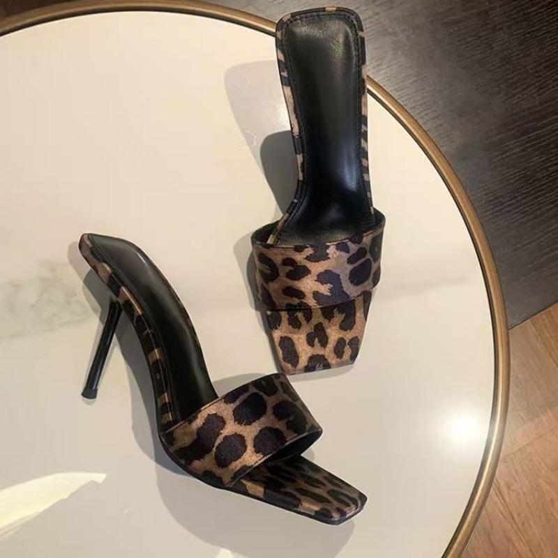 Fashion 2025 Summer Women's Square Toe Modern Slipper Fashion Leopard Dress Sandals Women with Thin Heels Plus Size Slippers Zapatos