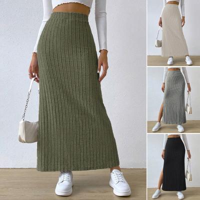 Dámská maxi žebrovaná sukně s vysokým pasem boční rozparek Pletená sukně Jednobarevný Slim fit dlouhá sukně Streetwear