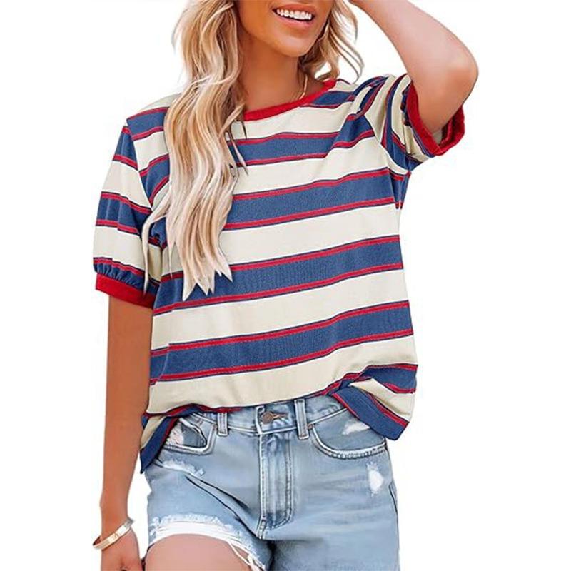 

Women s Striped Crew Neck T-Shirt Short Sleeve Casual Tee S темно-синього кольору